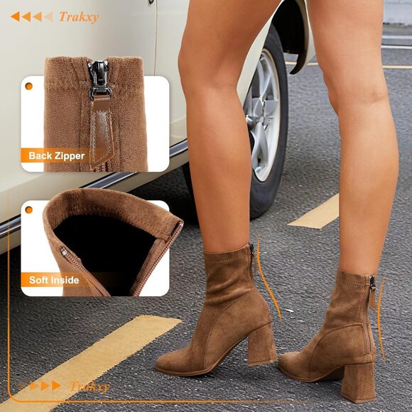 Women's Square Toe Ankle Chestnut Boots Faux Suede Low Block Heel Chelsea Shoes - Picture 4 of 7